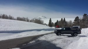 A black color truck at the lower parking lot