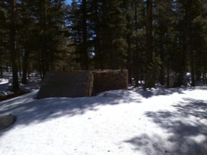 Gas pump house surrounded by trees and snow