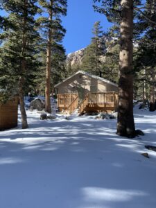 view of a house surrounded by trees and snow